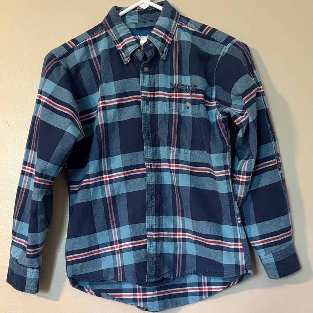 Wrangler Navy, Light Blue & Red Plaid Button-Down Shirt